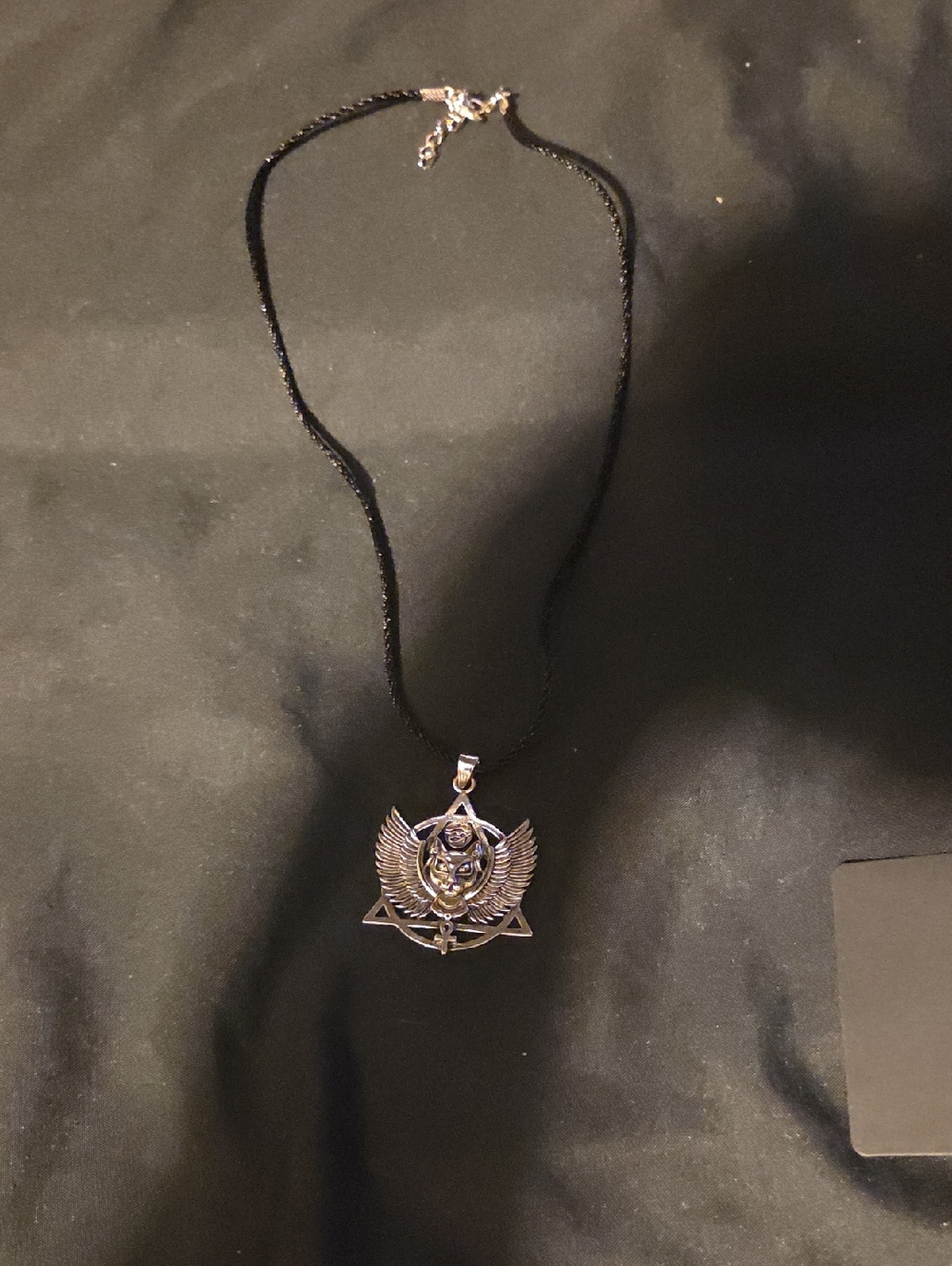 Winged Egytian Pendant Necklace - Silver on Black Cord